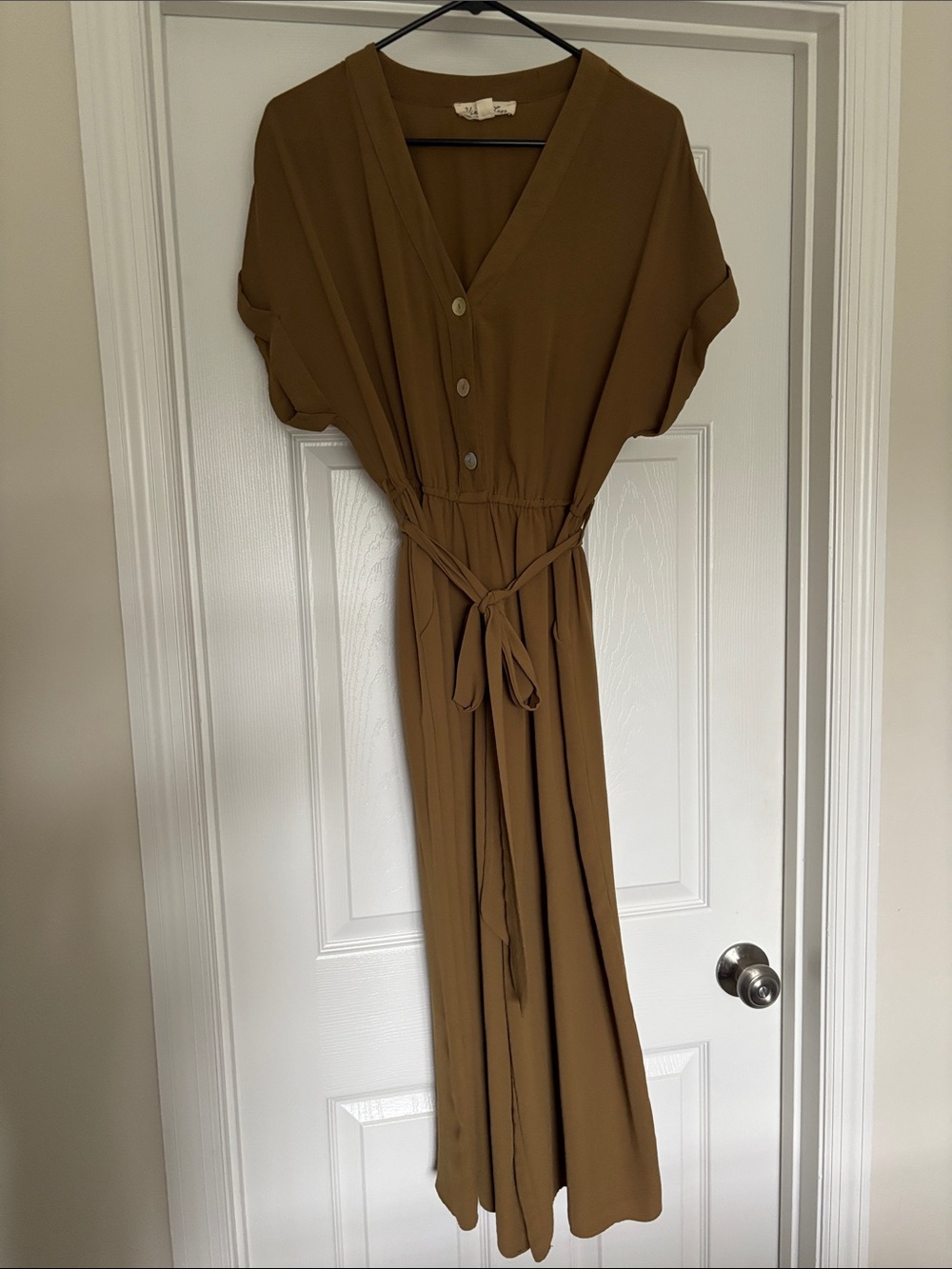 Vine & Love Olive Brown V-Neck Cropped Jumpsuit with Waist Tie